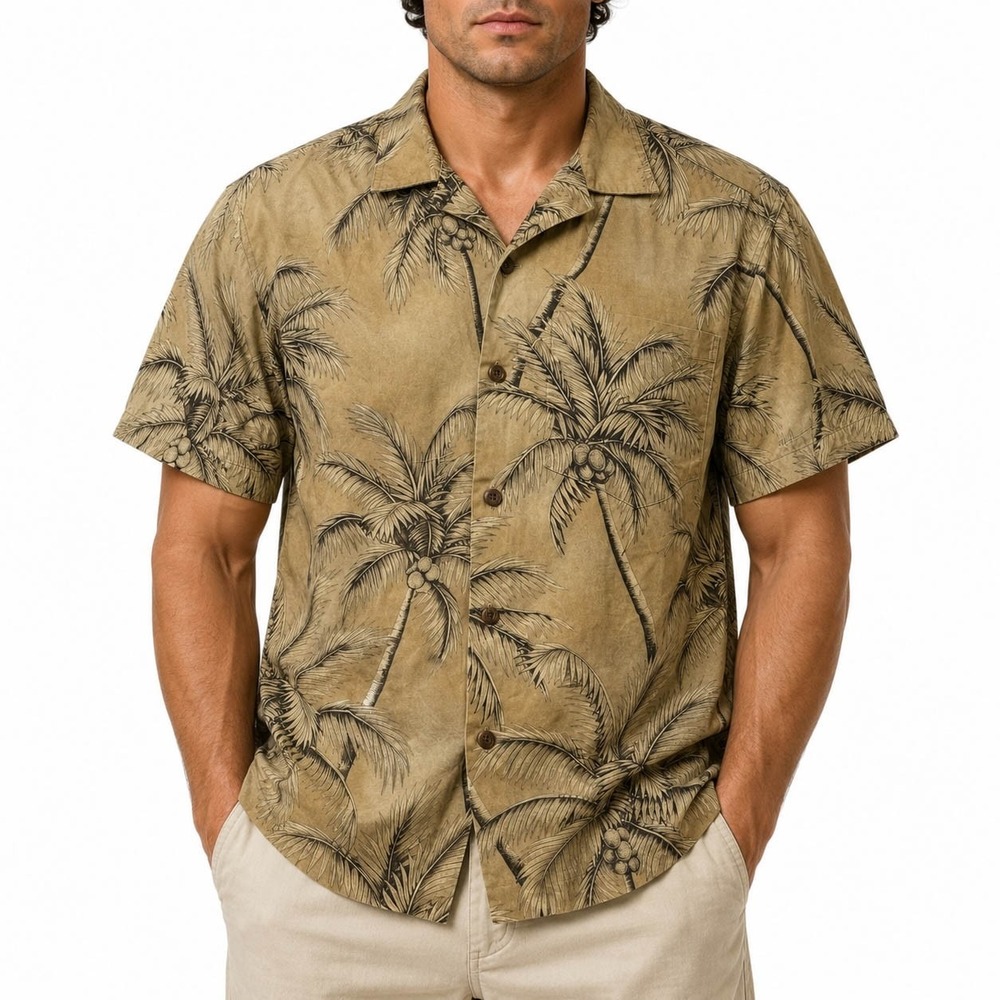 Aloha Republic Mens Palm Tree Hawaiian Shirt Tan‎ Brown Cotton Made in Hawaii S